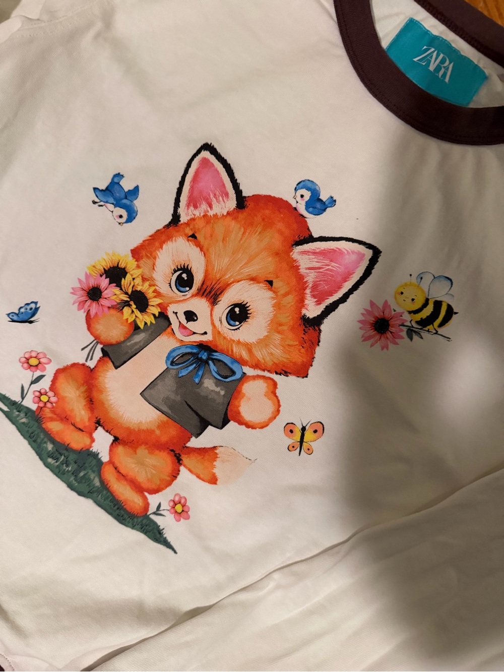 Zara White Tee with Orange Fox and Blue Birds Graphic